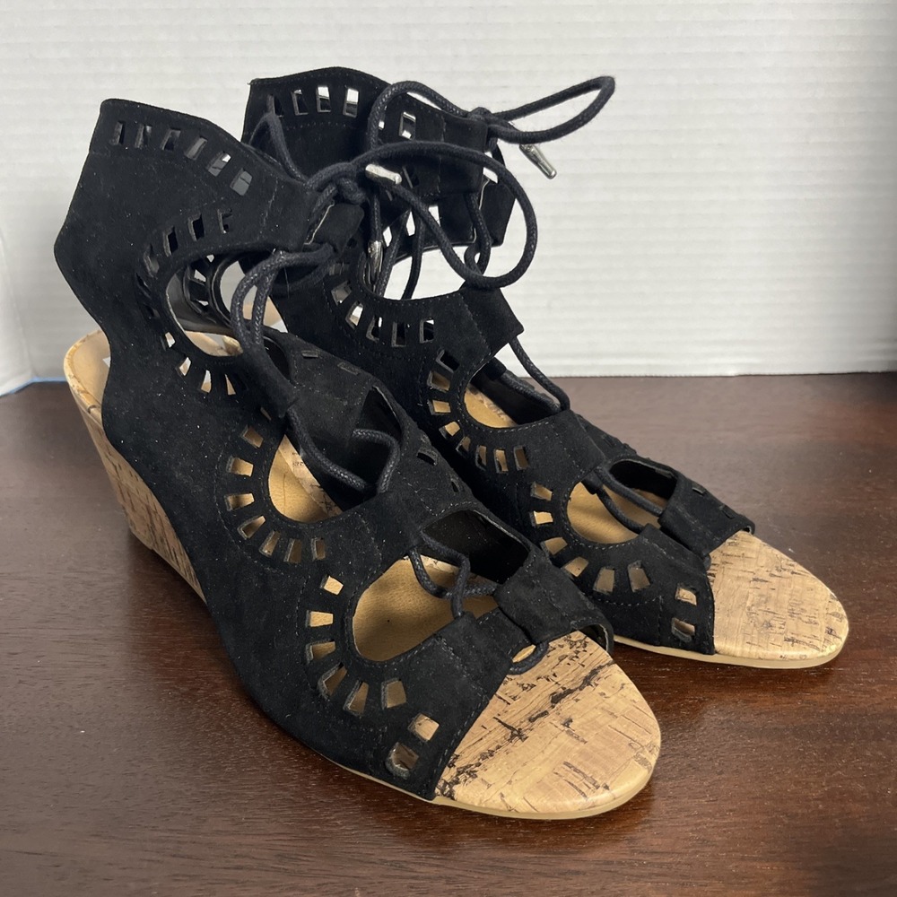DV by Dolce Vita Marybeth Cutout Wedge Lace Up Sandals Sz 8.5 Black & Faux Cork